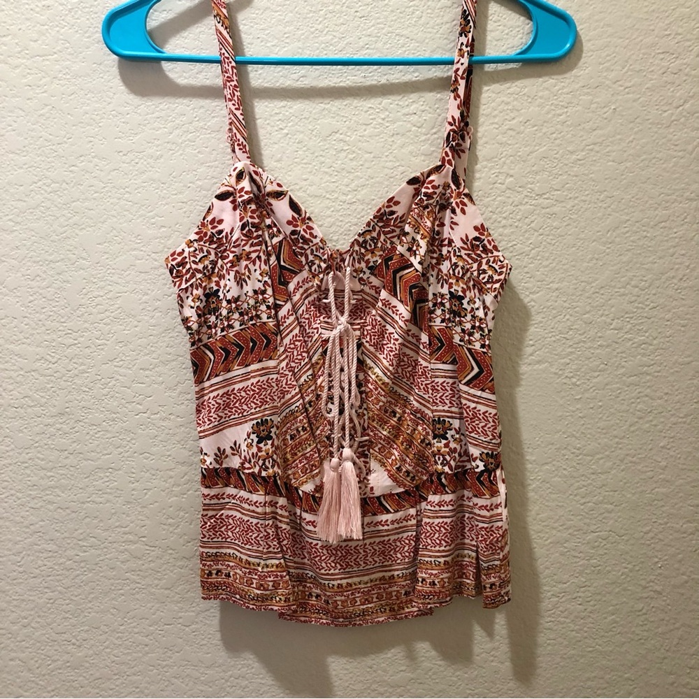 Idyllwind Pink Boho Tie-Front Camisole with Rust Print